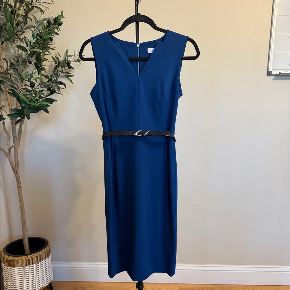 Calvin Klein Sleeveless V-Neck Midi Dress in Royal Blue with Black Belt